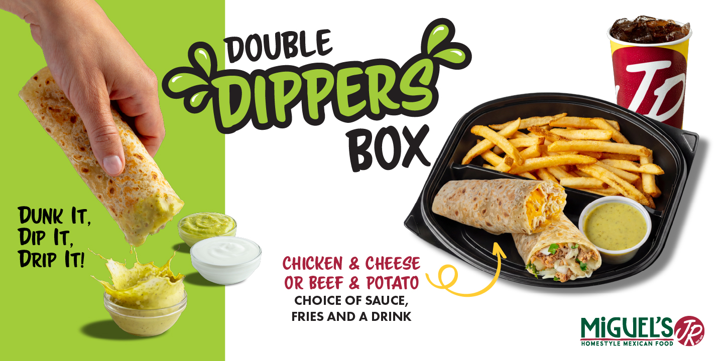 Promotional graphic for a new Double Dipper Box, the burrito is being dipped in sauce next to a meal box containing two burritos, fries, a soft drink, and sauce cups.