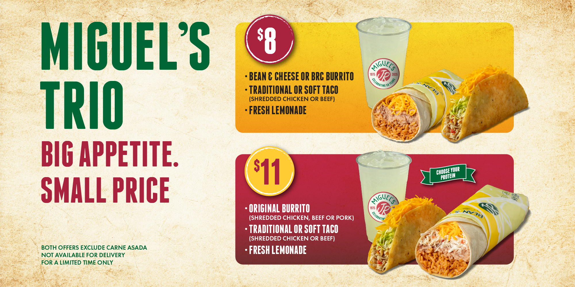 Promotional graphic for a new Double Dipper Box, the burrito is being dipped in sauce next to a meal box containing two burritos, fries, a soft drink, and sauce cups.